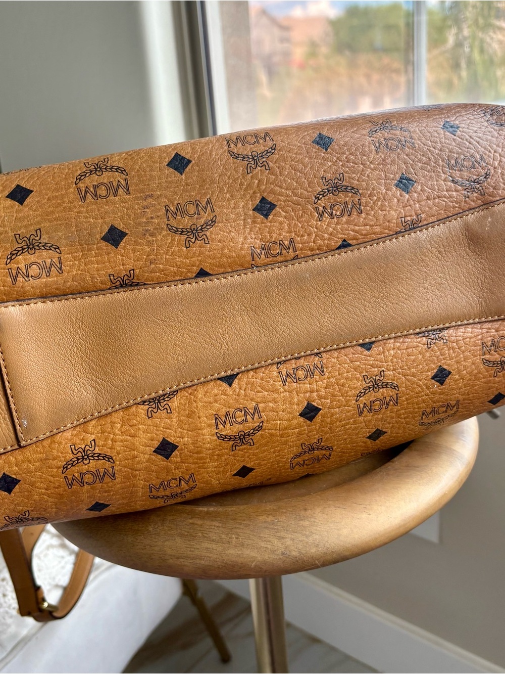Gorgeous MCM Cognac Visetos Drawstring Shoulder Leather Bag with Gold Hardware - Picture 9 of 13